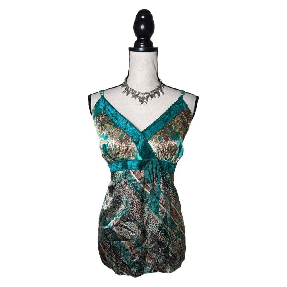 Y2K MixIt Teal Paisley V Neckline Fairy Babydoll Cami Top Size 1X (Plus)